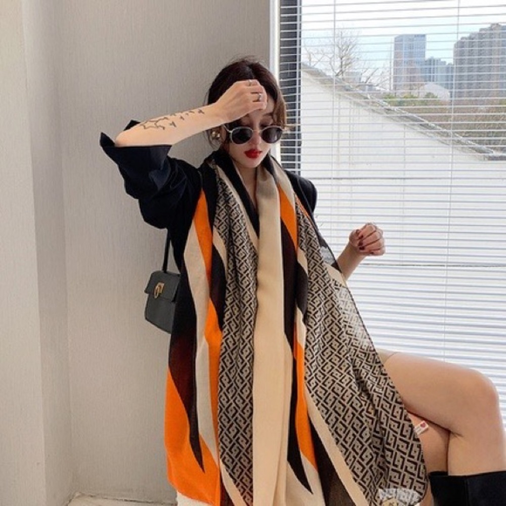 NEW Orange Black Cream Geometric Art Deco Printed Fashion Scarf - Picture 11 of 13